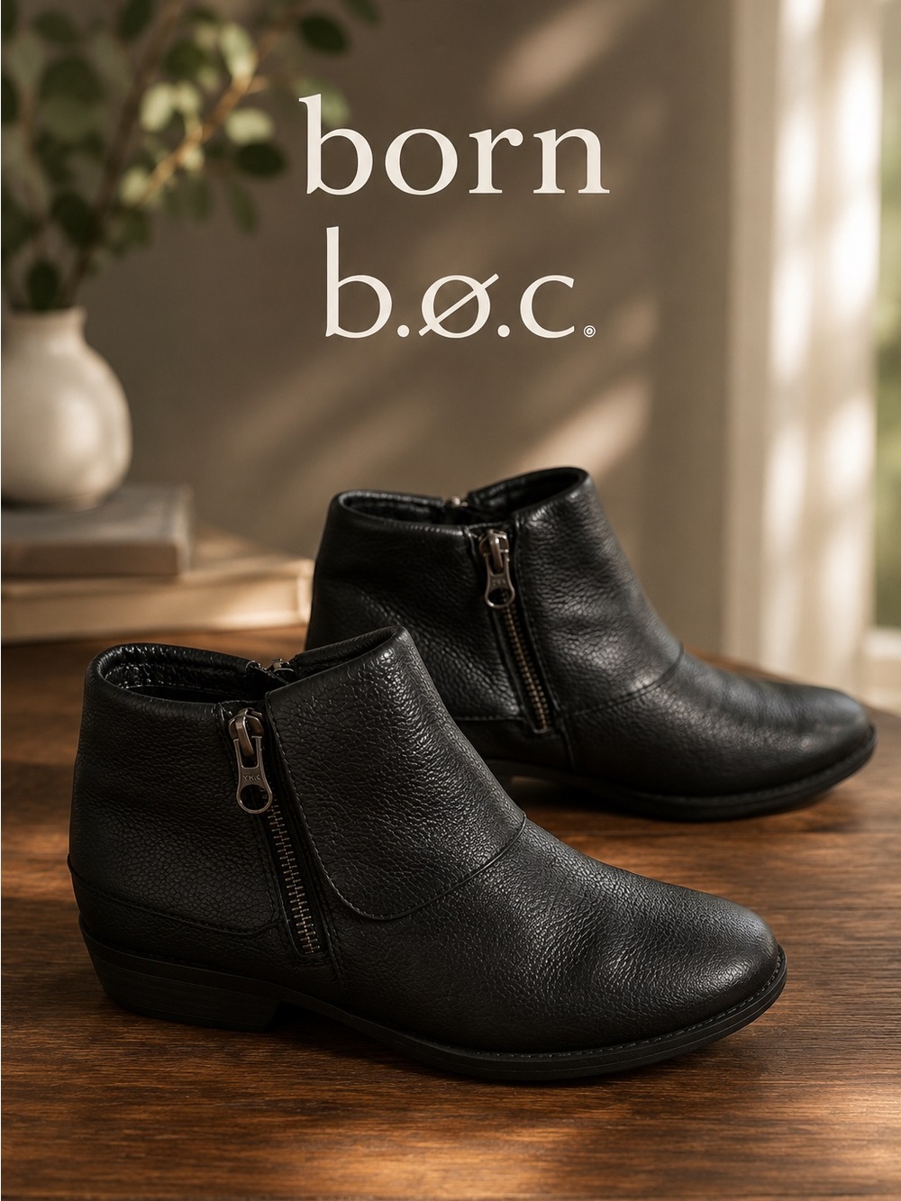 b.o.c. Born Black Pebbled Leather Side Zip Ankle Boots Comfort Booties Women's 6